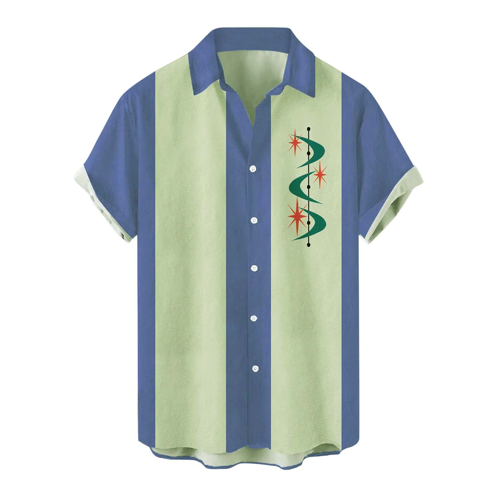 Shirts For Men Summer Hawaii Loose Print Turn Down Collar Short Sleeve Blouse Blue L